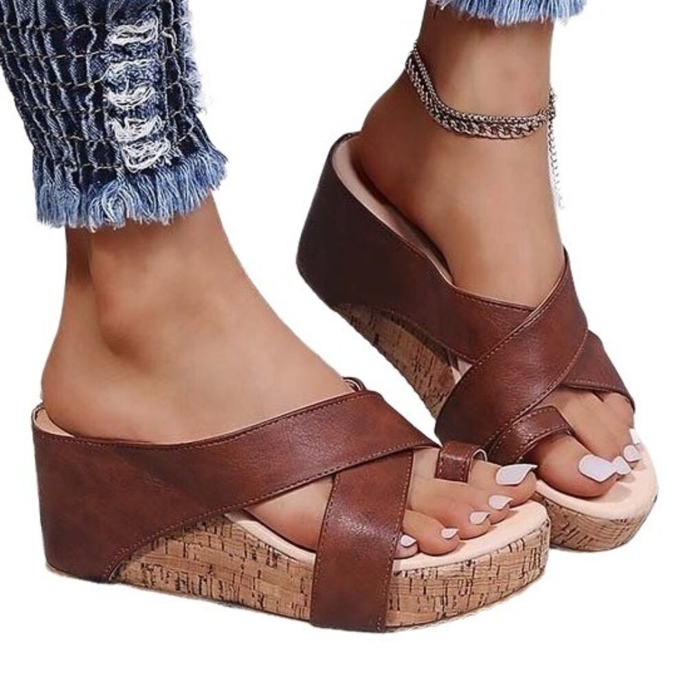 Brown Cork-Accent Wedge Sandal (7.5/8)
